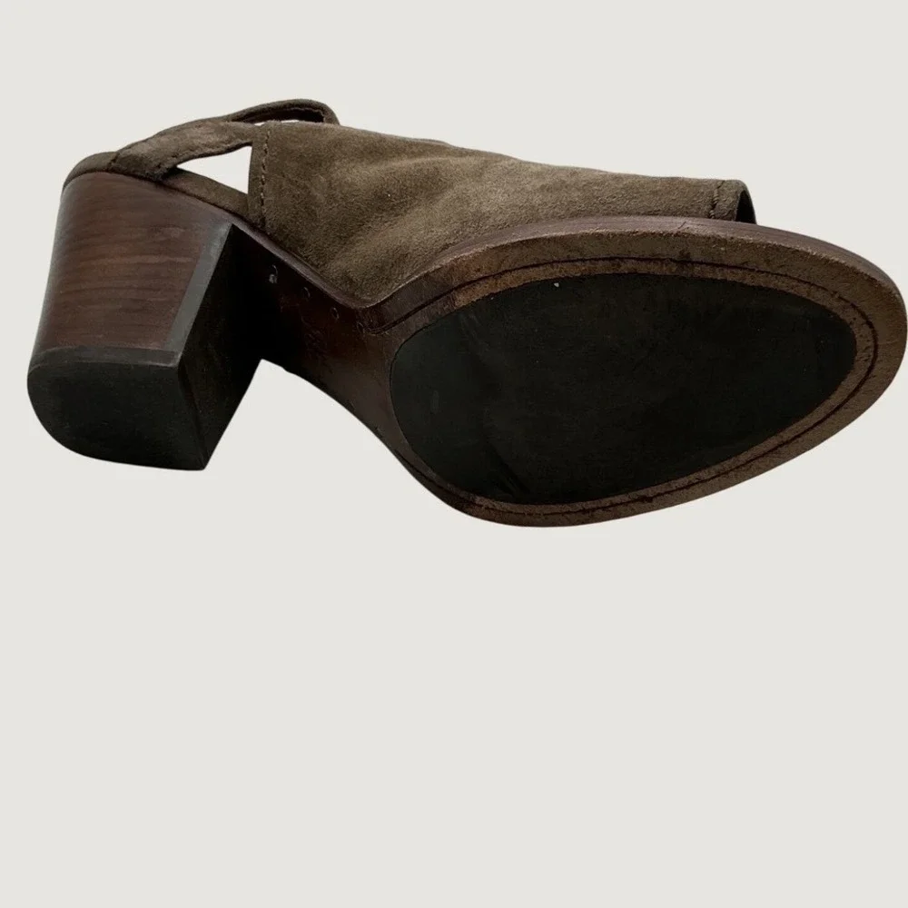 Frye Olive Green Suede Peep Toe Slingback Block Heel Shooties 9.5M 3471228-DTP
